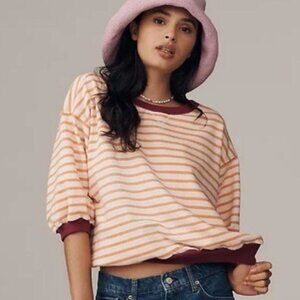 Pilcro Niki Bubble Sweatshirt Orange/Pink Stripe Elbow 3/4 Sleeves Anthropologie
